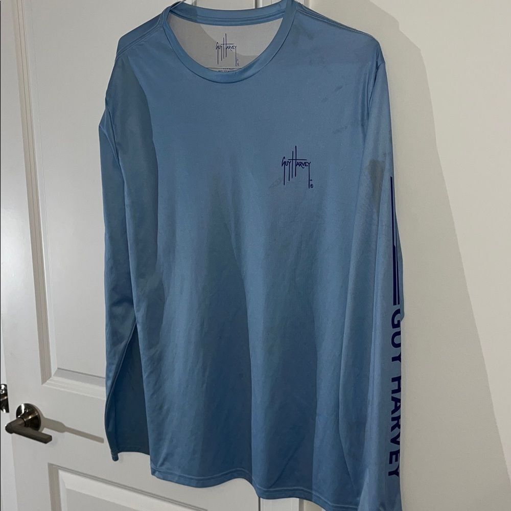 Guy Harvey Bluewater Carolina blue sail tuna long sleeve spell out fishing shirt